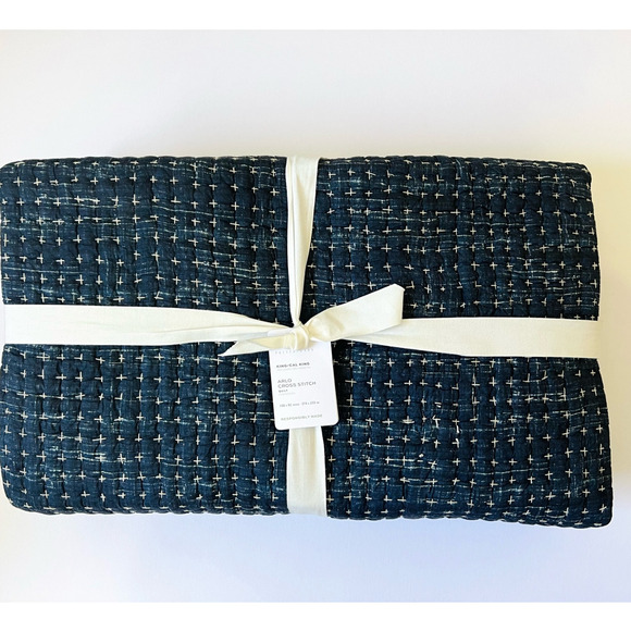 Pottery Barn Quilt Arlo Cross Stitch KING / CAL KING Navy Blue 100% Cotton NWT - Picture 7 of 7